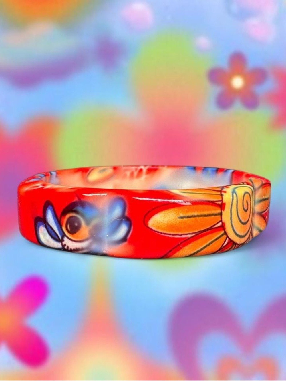 Red Floral Painted Resin Bangle Bracelet